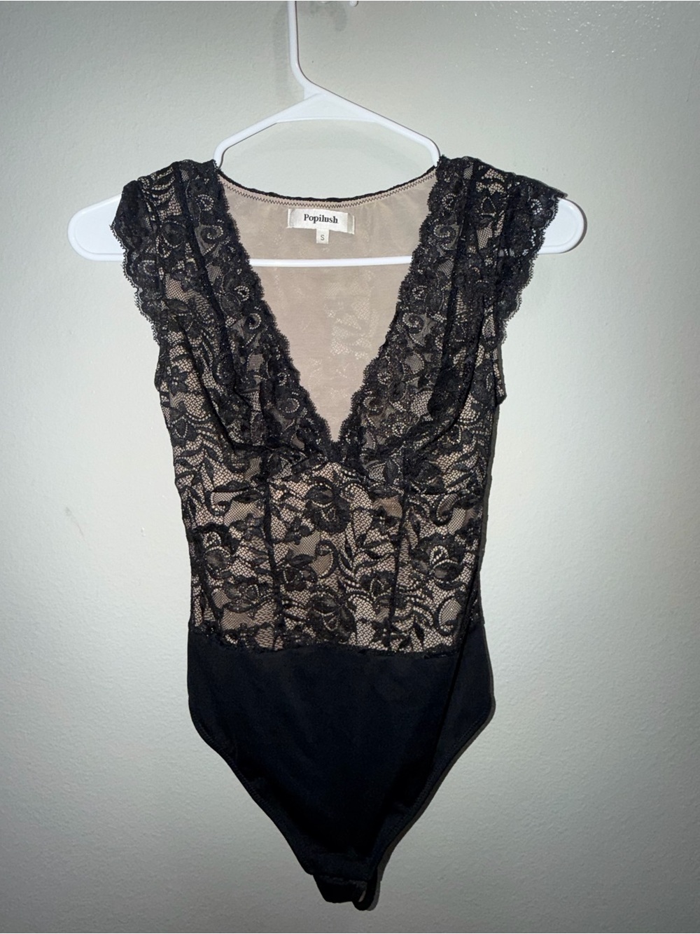 Populish Black Lace Bodysuit with Nude Lining